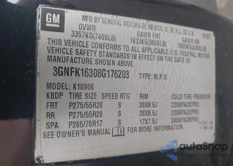 2008 Chevrolet Suburban 1500 Ltz from USA, damaged, VIN 3GNFK16308G176203